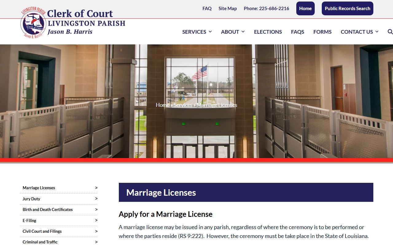 Livingston Parish marriage records Clerk license requirements